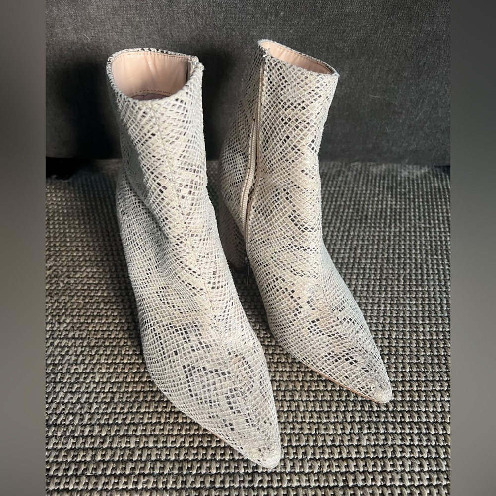 Cream and grey snakeskin booties